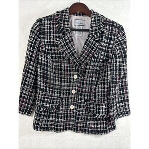 Breakin Loose Plaid Tweed Skirt Suit Set Black Pink Fringed Blazer Size 7/8